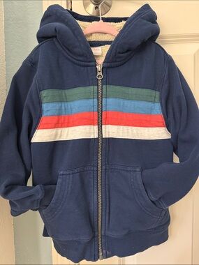 Hanna Andersson Navy Zip Hoodie with Green, Blue, Red & Cream Stripes